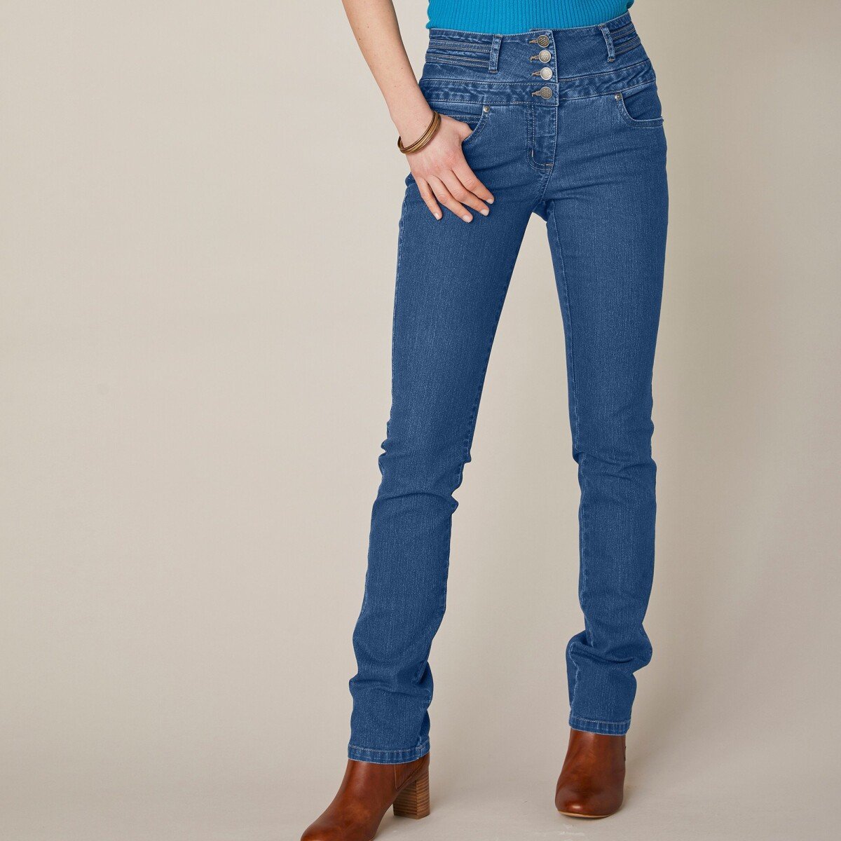 Blancheporte Rovné džíny s vysokým pasem, pro vysokou postavu modrá 36