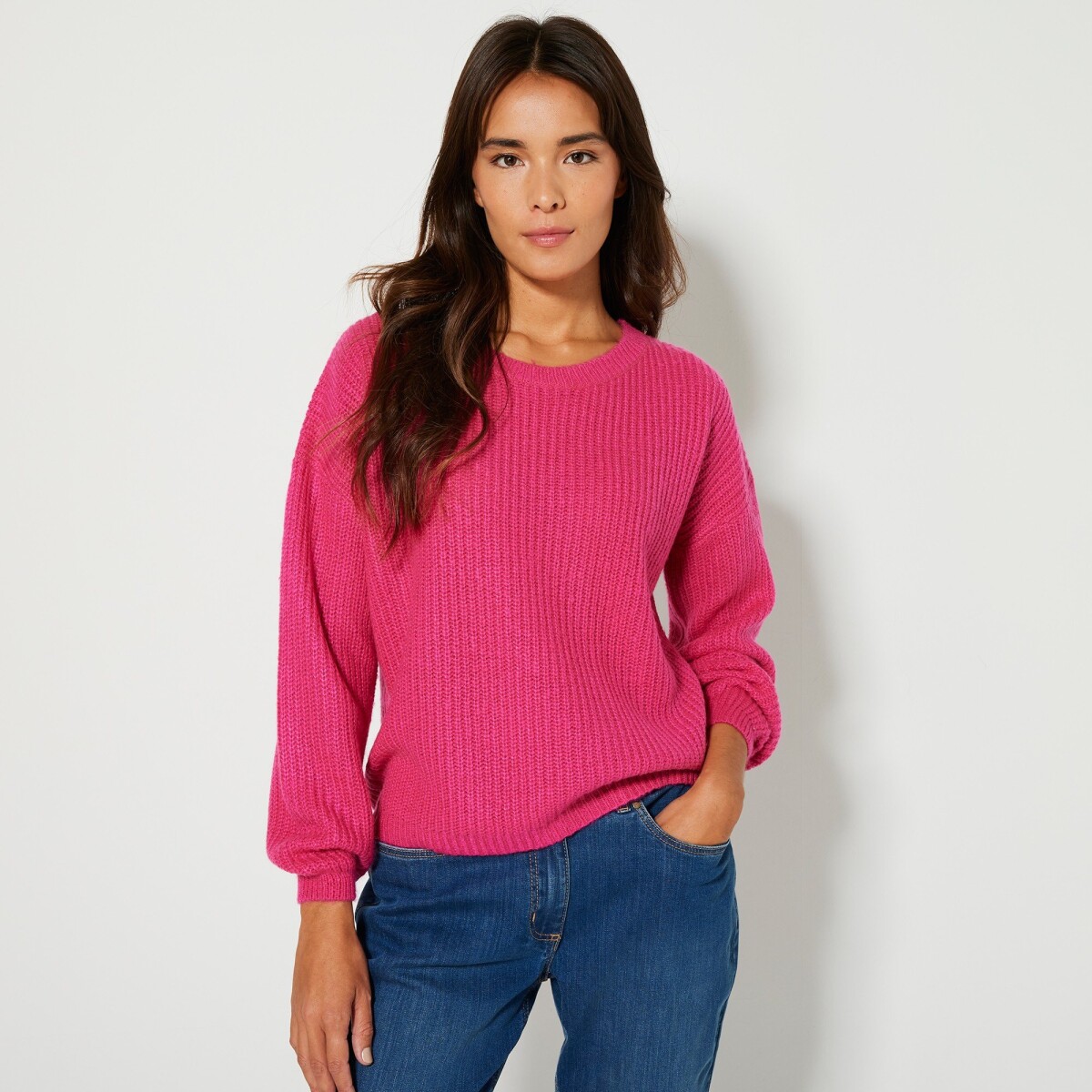 Blancheporte Jednobarevný pulovr s lodičkovým výstřihem a dlouhými rukávy růžová 3436