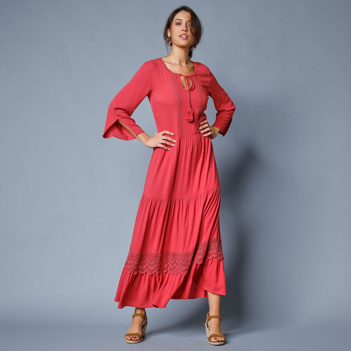 Blancheporte Dlouhé jednobarevné šaty s 34 rukávy růžové dřevo 36