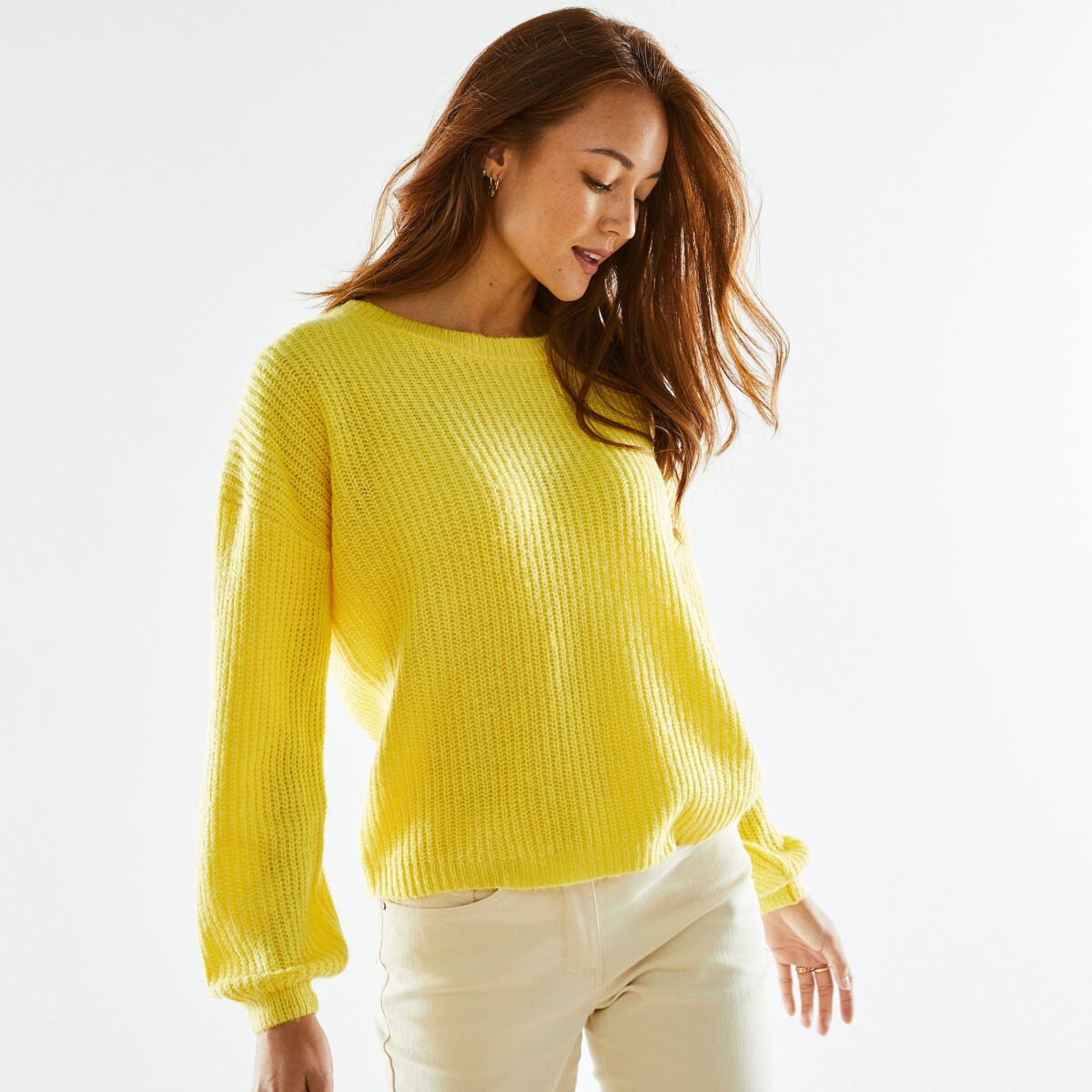 Blancheporte Jednobarevný pulovr s lodičkovým výstřihem a dlouhými rukávy žlutá 4244