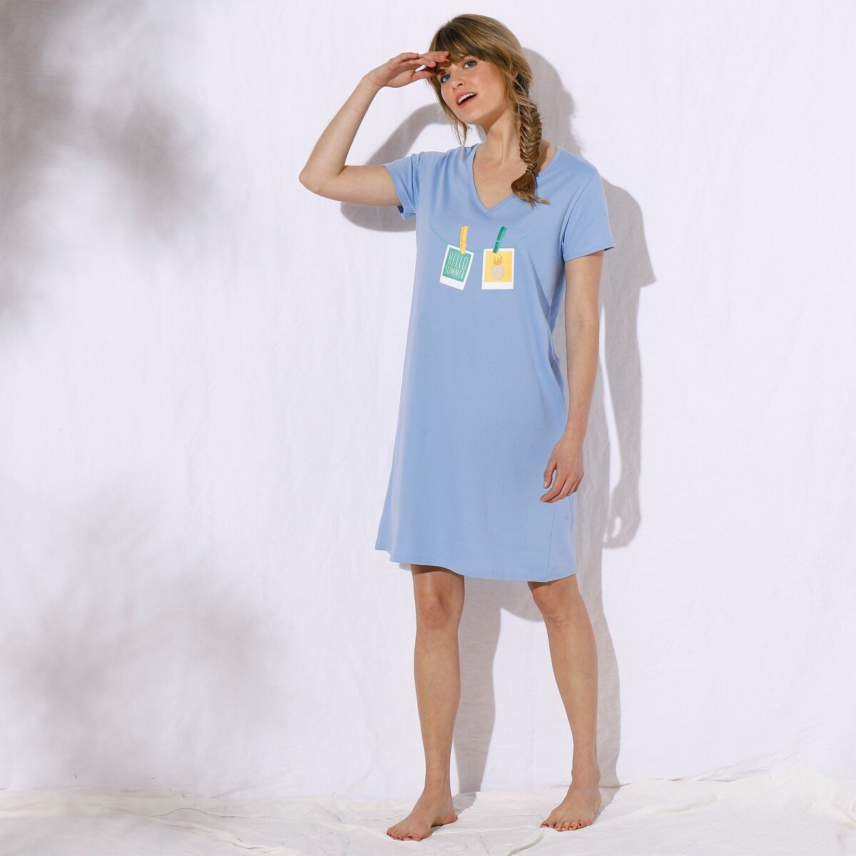 Blancheporte Noční košile s krátkými rukávy, potiskem photo a sladěným obalem modrá 3436