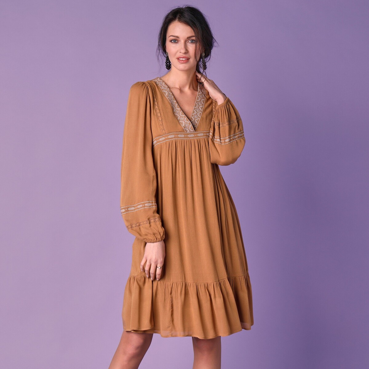Blancheporte Jednobarevné šaty s výšivkou, folkový styl hořčicová 36