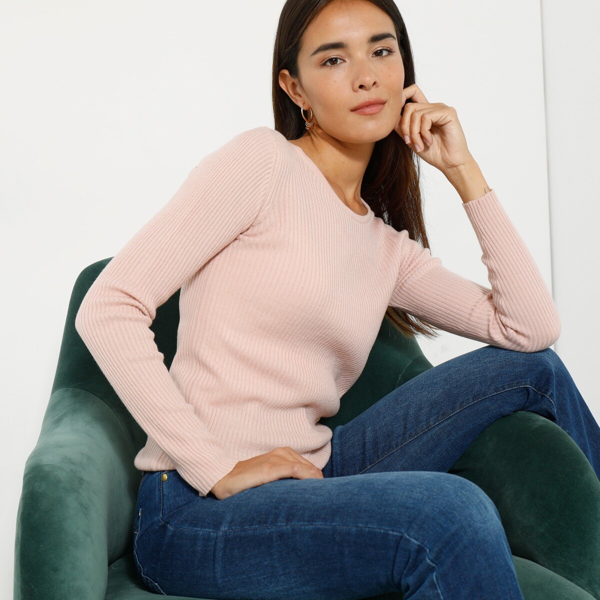 Blancheporte Žebrovaný pulovr s kulatým výstřihem růžová pudrová 4648