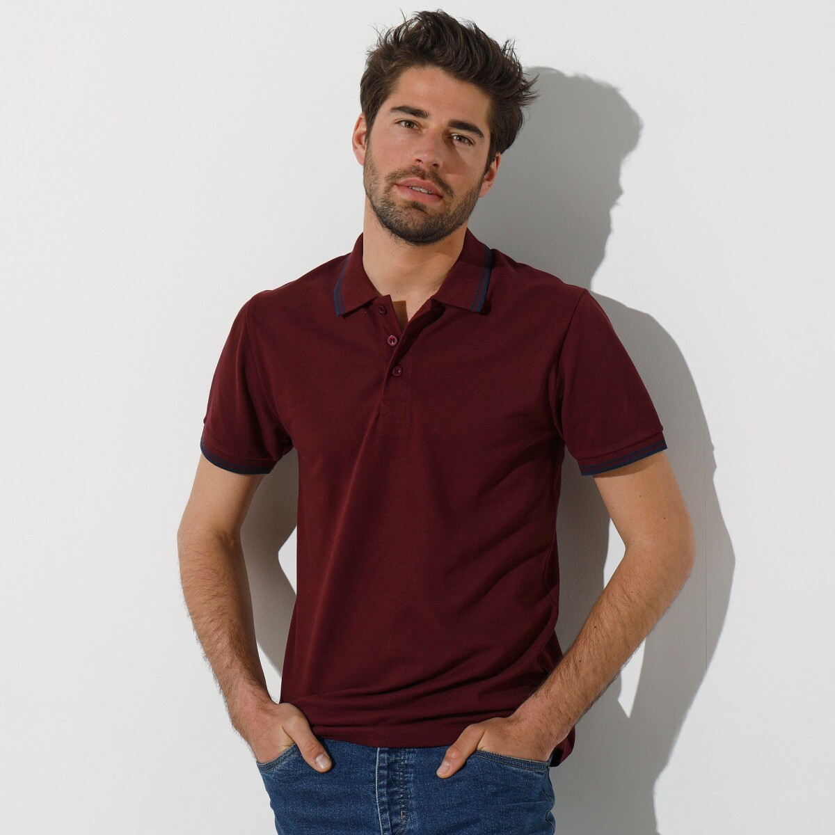 Blancheporte Polo tričko s pruhovaným límečkem z piké úpletu, s krátkými rukávy bordó 97106 (L)