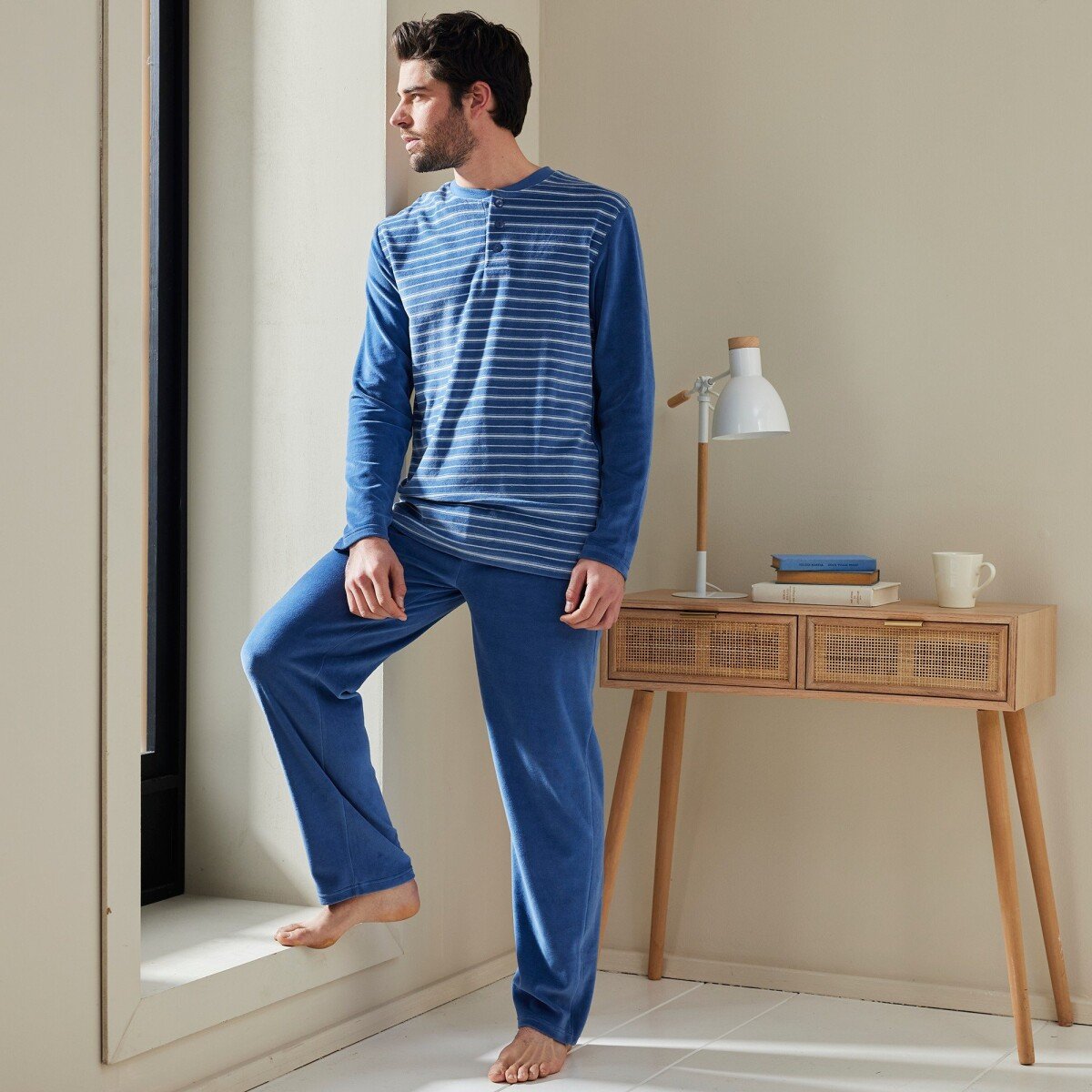 Blancheporte Velurové pruhované pyžamo s barvenými vlákny modrá 8796 (M)