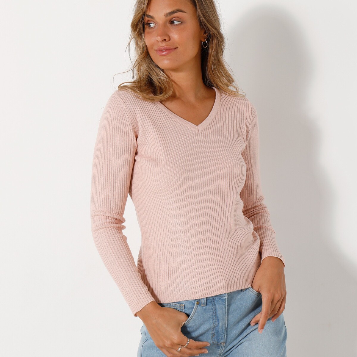 Blancheporte Žebrovaný pulovr s výstřihem do V růžová pudrová 4648