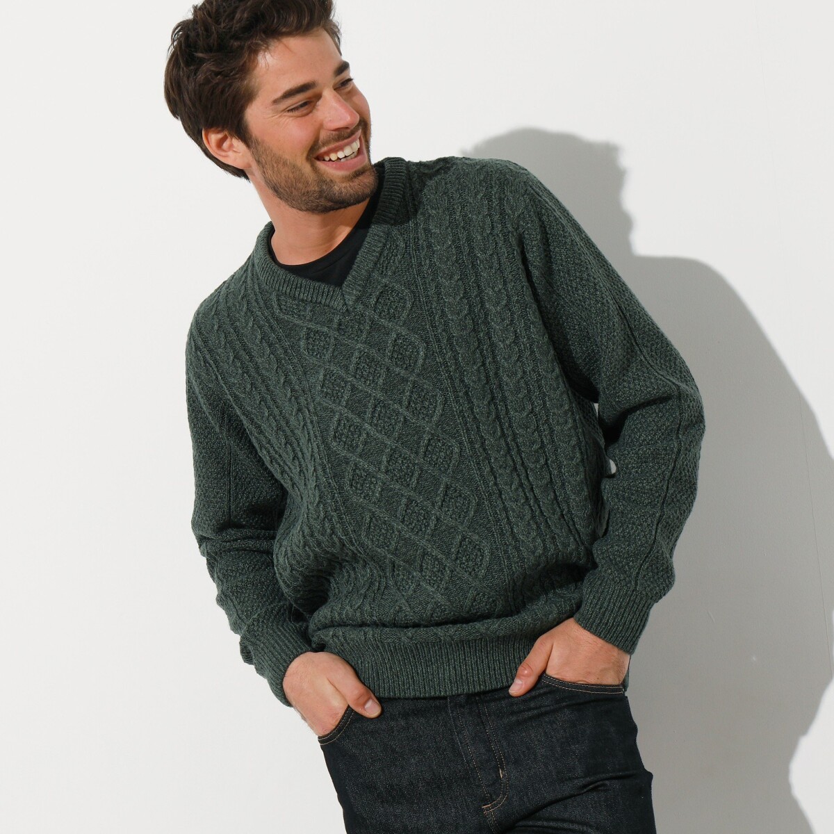 Blancheporte Irský pulovr s výstřihem do V khaki melír 8796 (M)