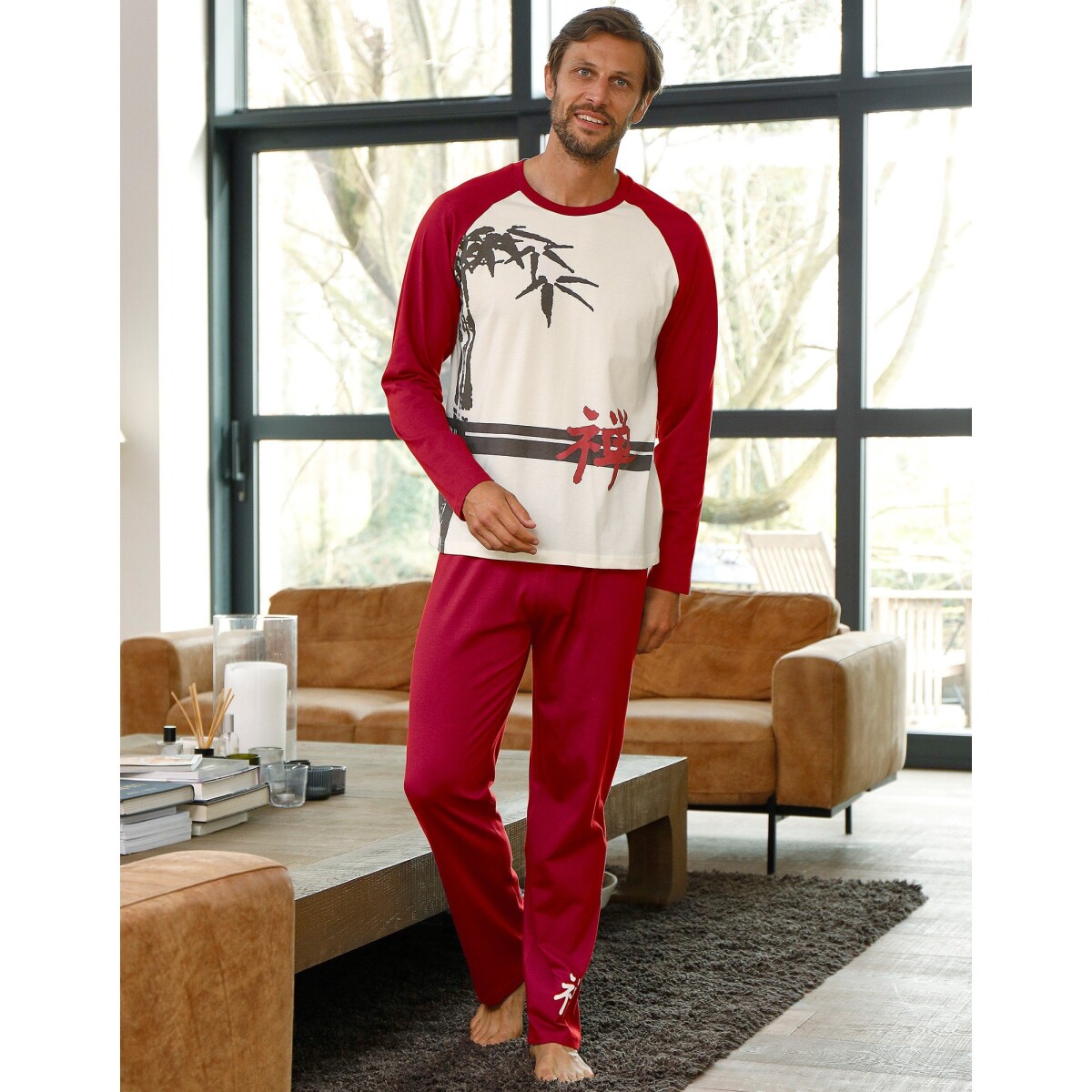 Blancheporte Pánské pyžamo s dlouhými rukávy, motiv bambusu režnábordó 8796 (M)