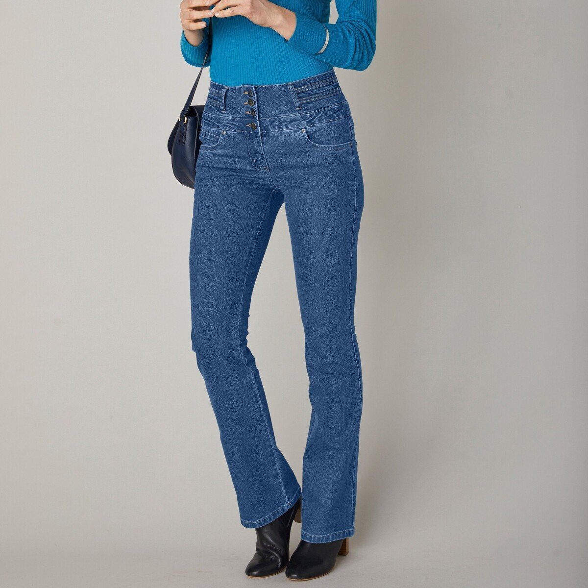 Blancheporte Bootcut džíny s vysokým pasem, vnitř. délka nohavic 75 cm modrá 36