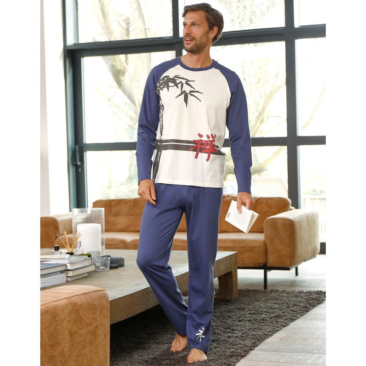 Blancheporte Pánské pyžamo s dlouhými rukávy, motiv bambusu režnáindigo 97106 (L)