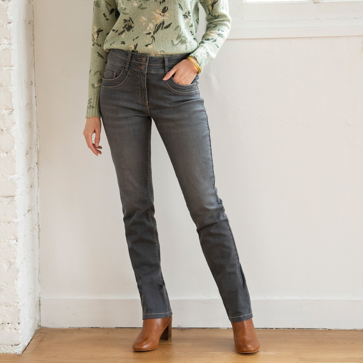 Blancheporte Rovné strečové džíny v opraném vzhledu šedá 36