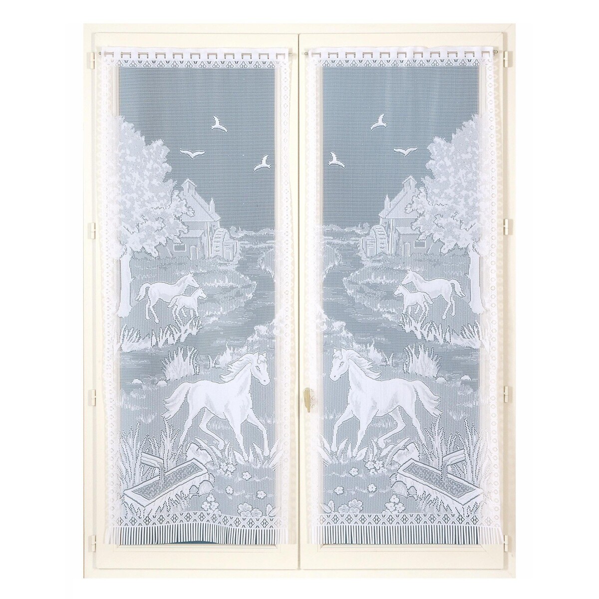 Blancheporte Rovná vitrážová záclona s motivem koňů, pro garnýžovou tyč, pár bílá 44x160cm