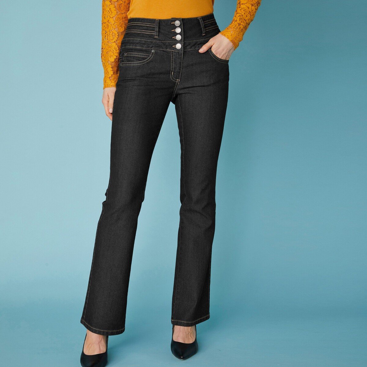 Blancheporte Bootcut džíny s vysokým pasem, vnitř. délka nohavic 75 cm černá 42