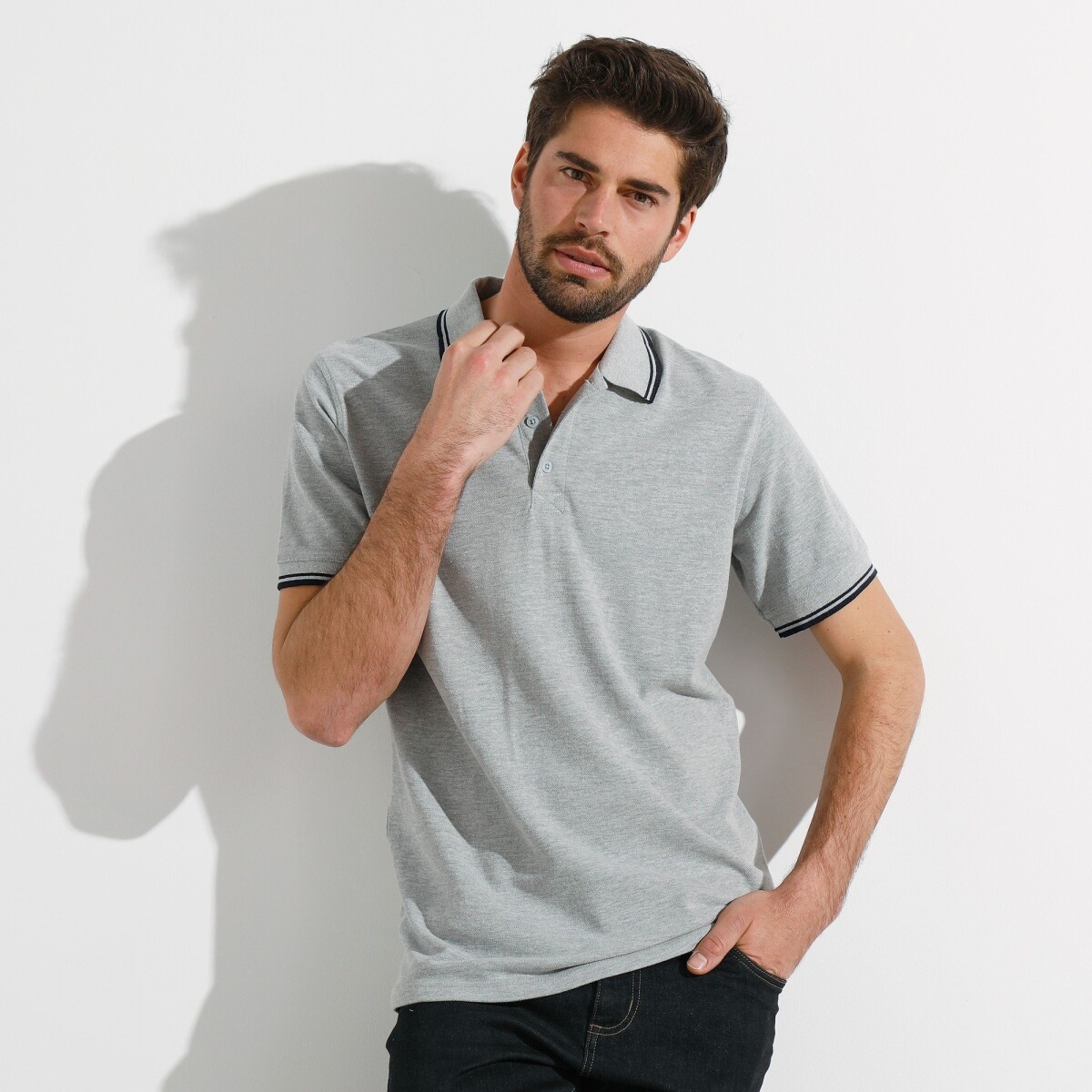 Blancheporte Polo tričko s pruhovaným límečkem z piké úpletu, s krátkými rukávy šedý melír 97106 (L)