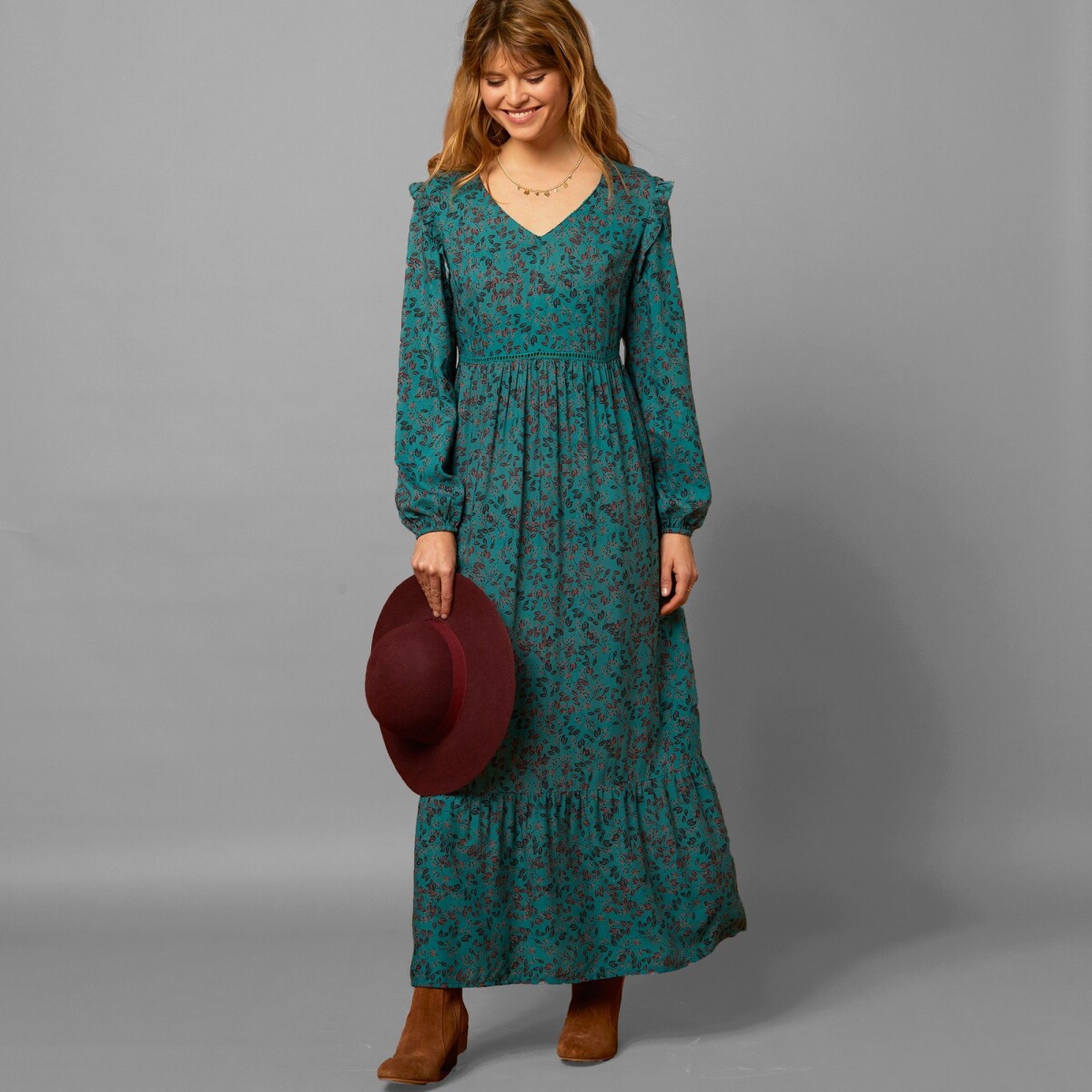 Blancheporte Dlouhé šaty s volánovým spodním lemem smaragdová 38