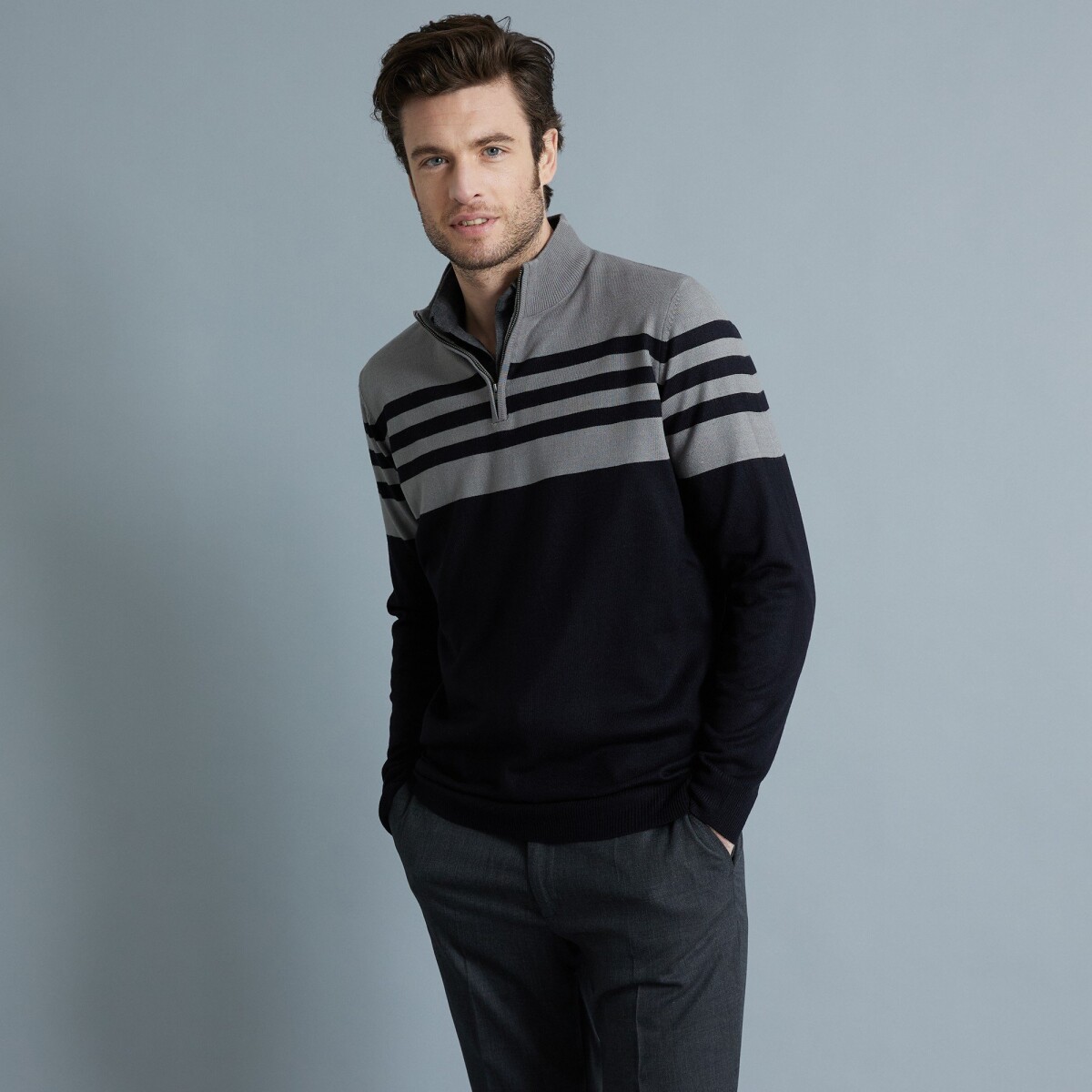 Blancheporte Pruhovaný pulovr se stojáčkem, kašmírový na dotek černášedý melír 8796 (M)