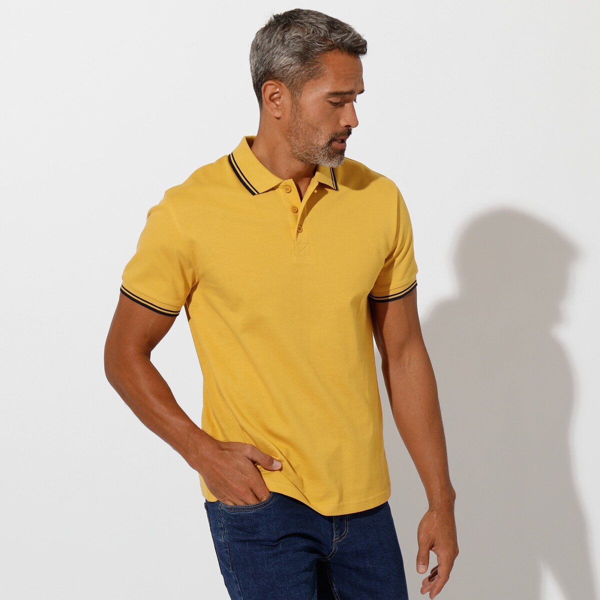 Blancheporte Polo tričko s pruhovaným límečkem z piké úpletu, s krátkými rukávy žlutá 8796 (M)