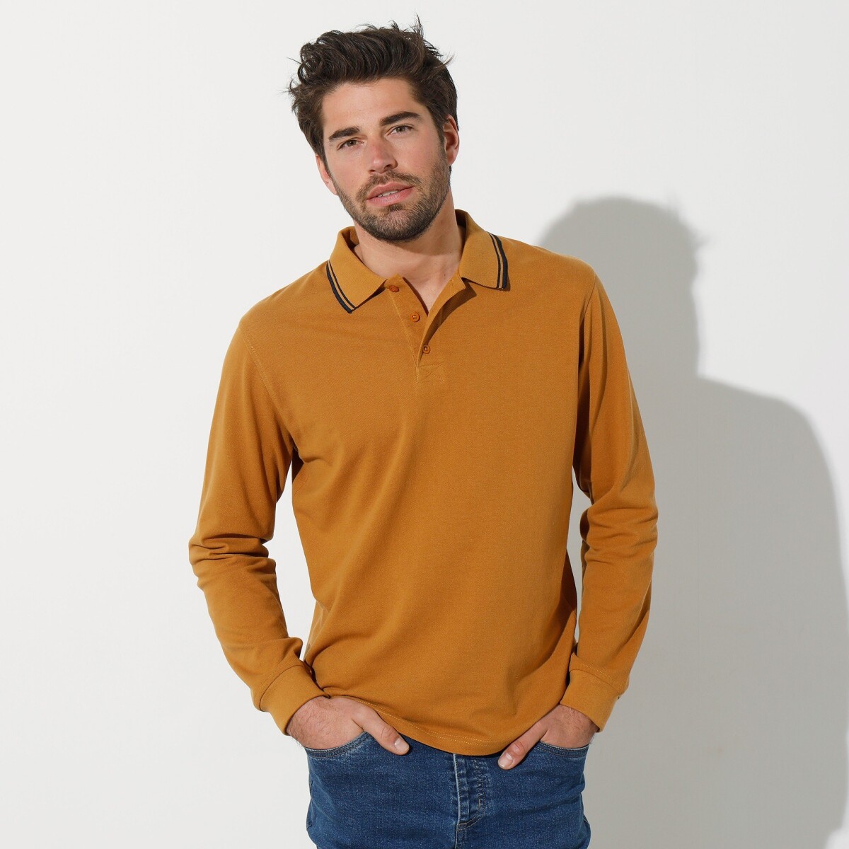 Blancheporte Polo tričko s pruhovaným límečkem s dlouhými rukávy medová 8796 (M)