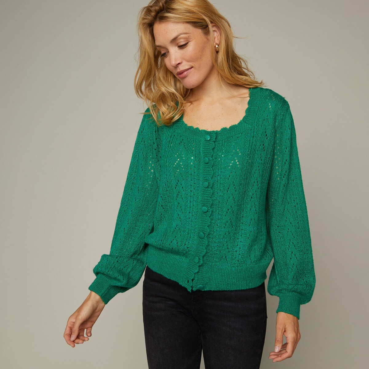Blancheporte Ažurový svetr na knoflíky, se čtvercovým výstřihem, mohérový na dotek zelená 50