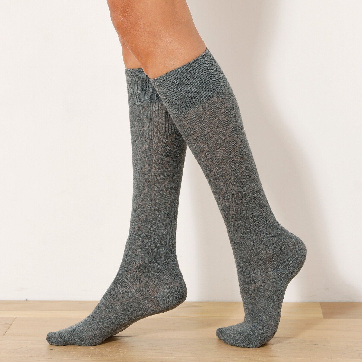Blancheporte Sada 2 párů vysokých ponožek s copánkovým vzorem béžováantracitová 3538