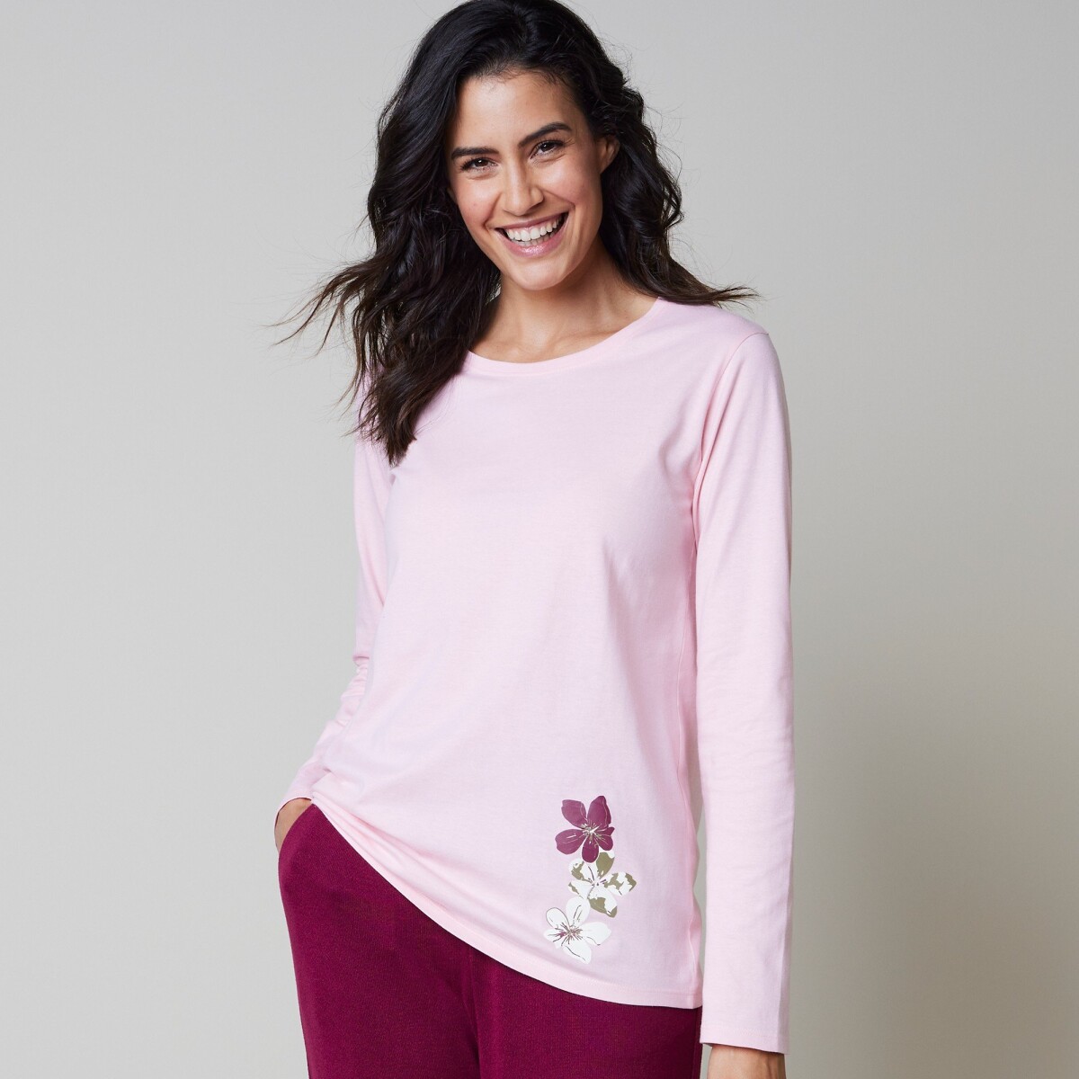 Blancheporte Pyžamové tričko s dlouhými rukávy a středovým potiskem květin růžová 3840
