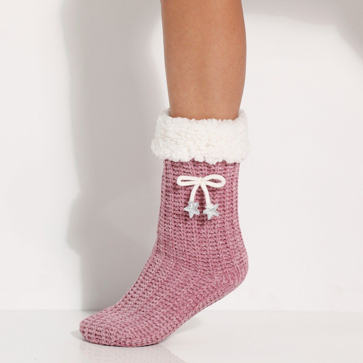 Blancheporte Bačkorové ponožky ze žinylkového úpletu, s mašličkou a hvězdičkami fialovo šedá 3637