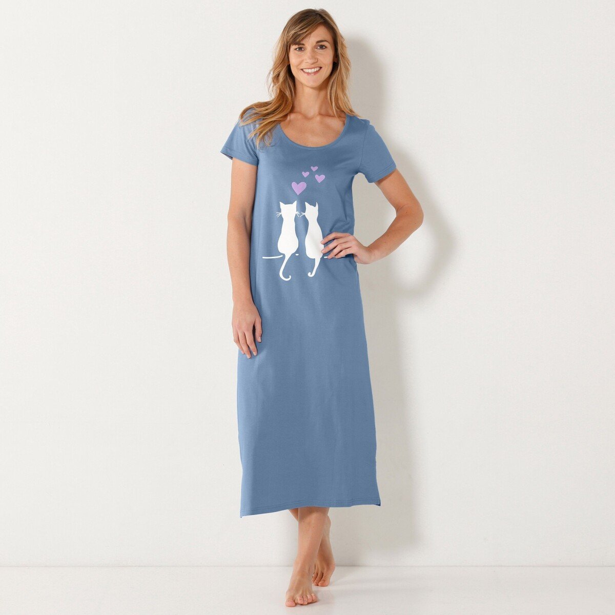 Blancheporte Dlouhá noční košile s potiskem koček modrá 3840