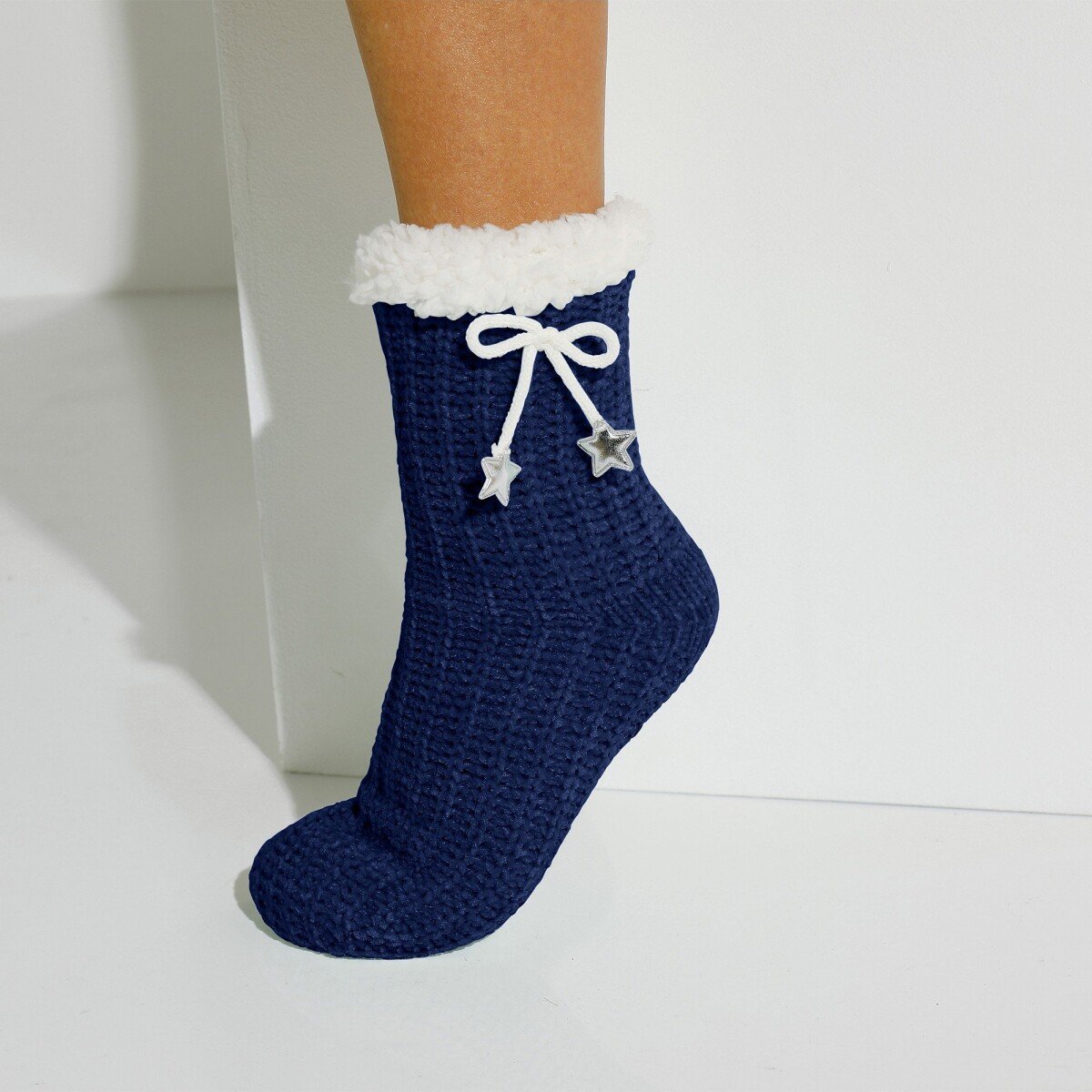 Blancheporte Bačkorové ponožky ze žinylkového úpletu, s mašličkou a hvězdičkami nám.modrá 3637