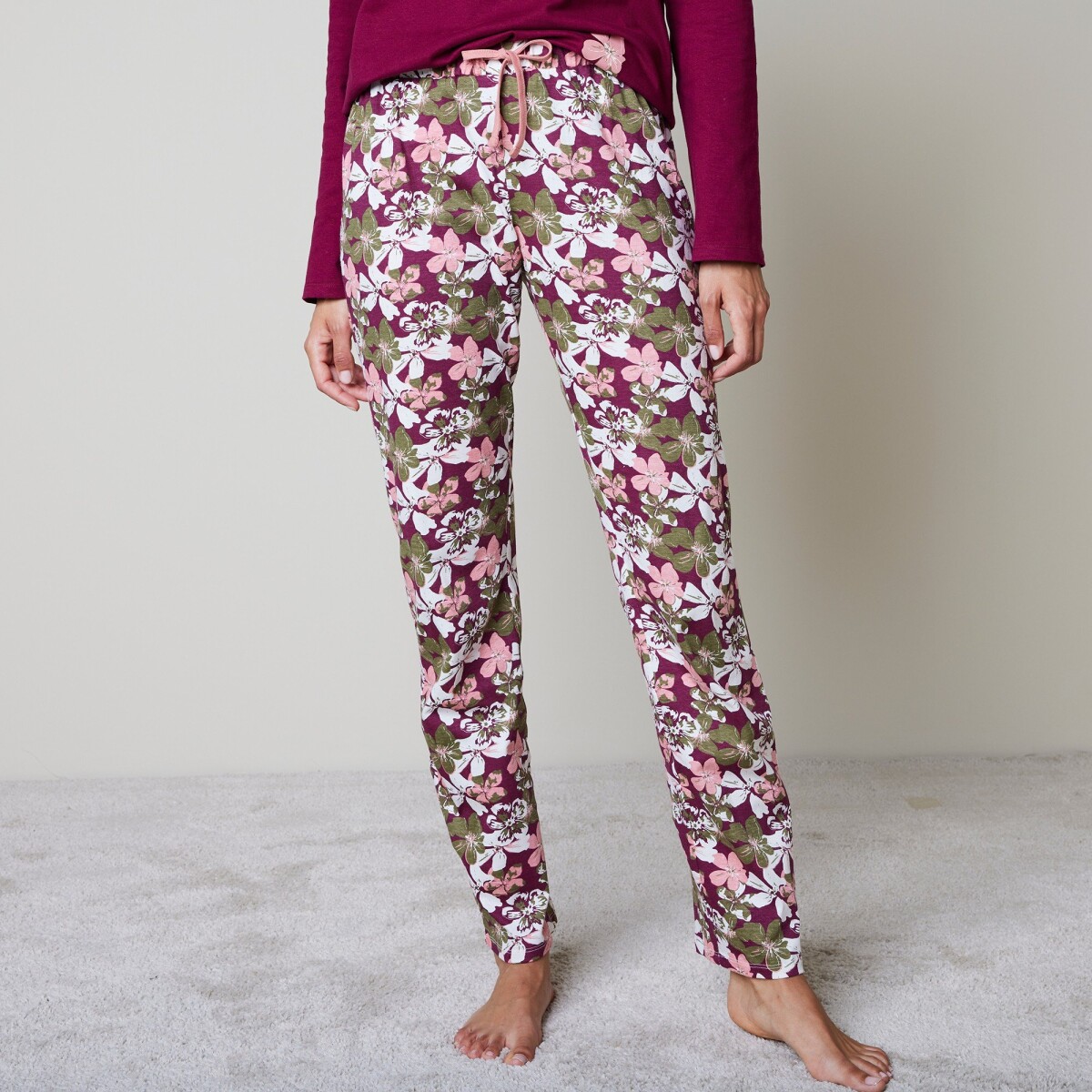 Blancheporte Pyžamové kalhoty s celopotiskem květin bordórůžová 3840