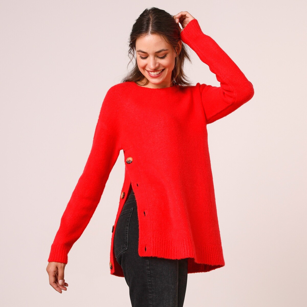 Blancheporte Rovný pulovr s postranními knoflíky červená 3436