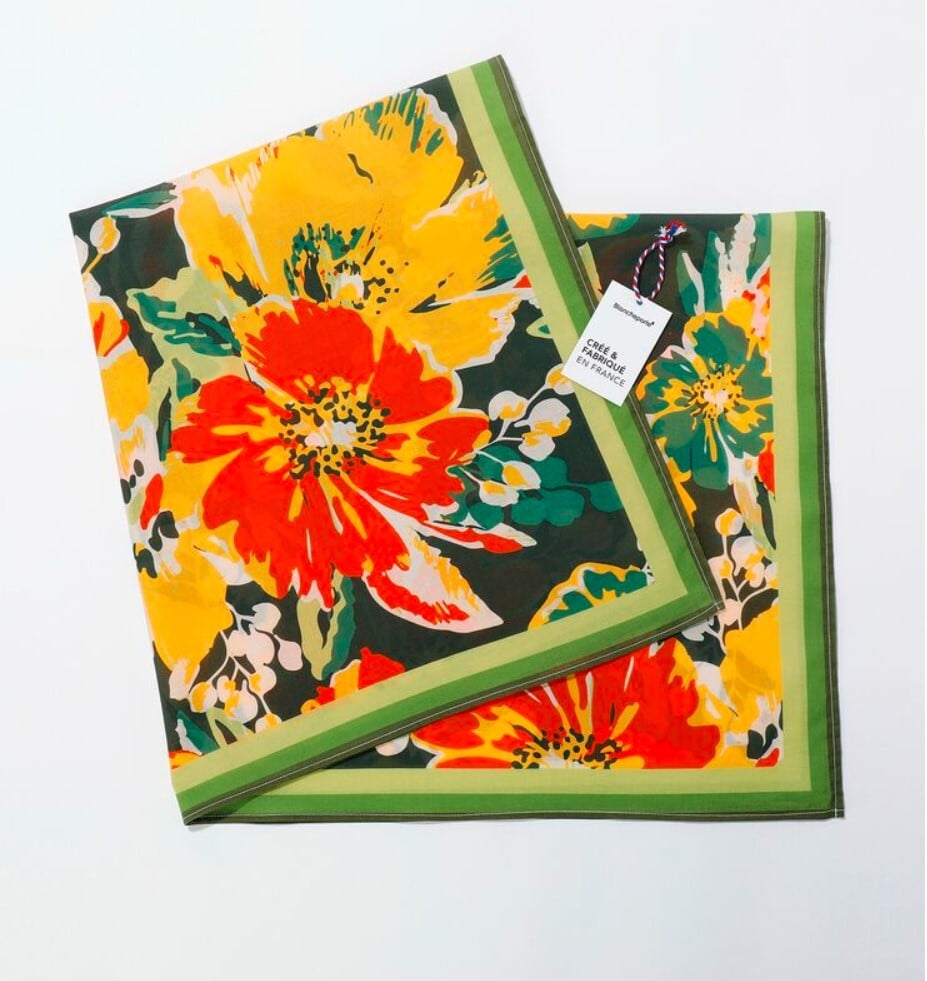 Blancheporte Šátek s potiskem květin 100 x 100 cm, vyrobeno ve Francii zelenáoranžová 100x100cm