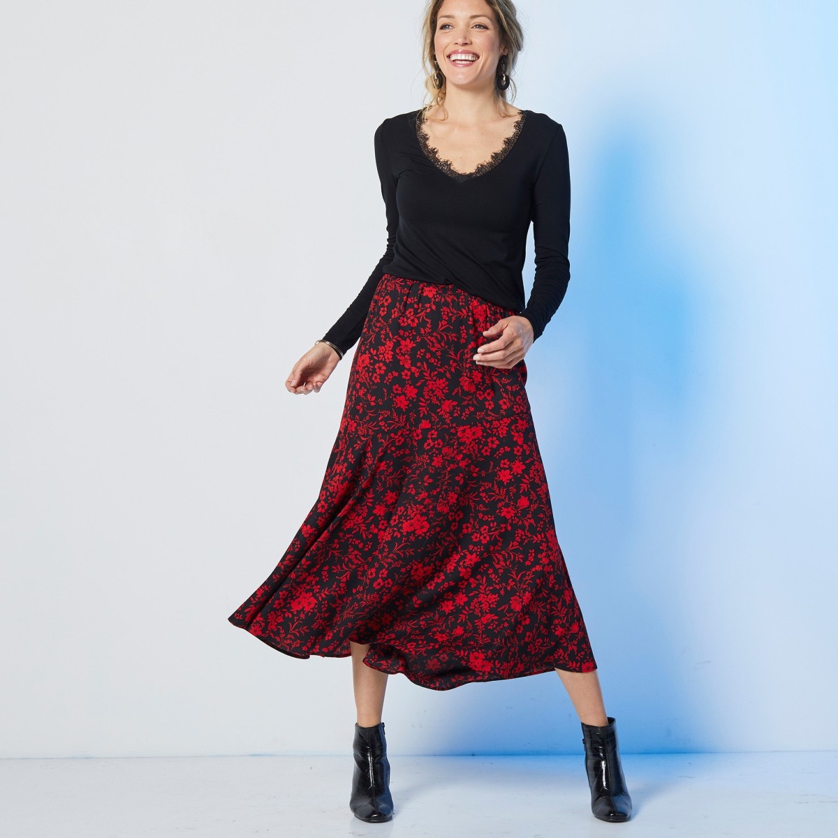 Blancheporte Dlouhá sukně s potiskem černáčervená 40