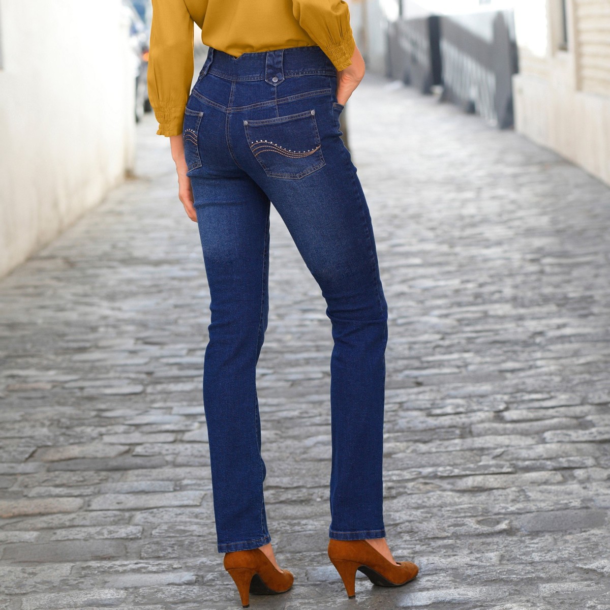 Blancheporte Rovné džíny s vysokým pasem, pro malou postavu tmavě modrá 36