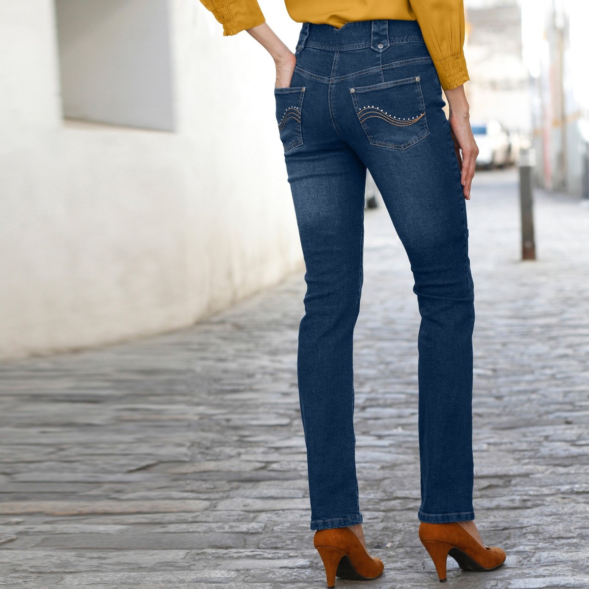 Blancheporte Rovné džíny s vysokým pasem, vysoká postava tmavě modrá 36