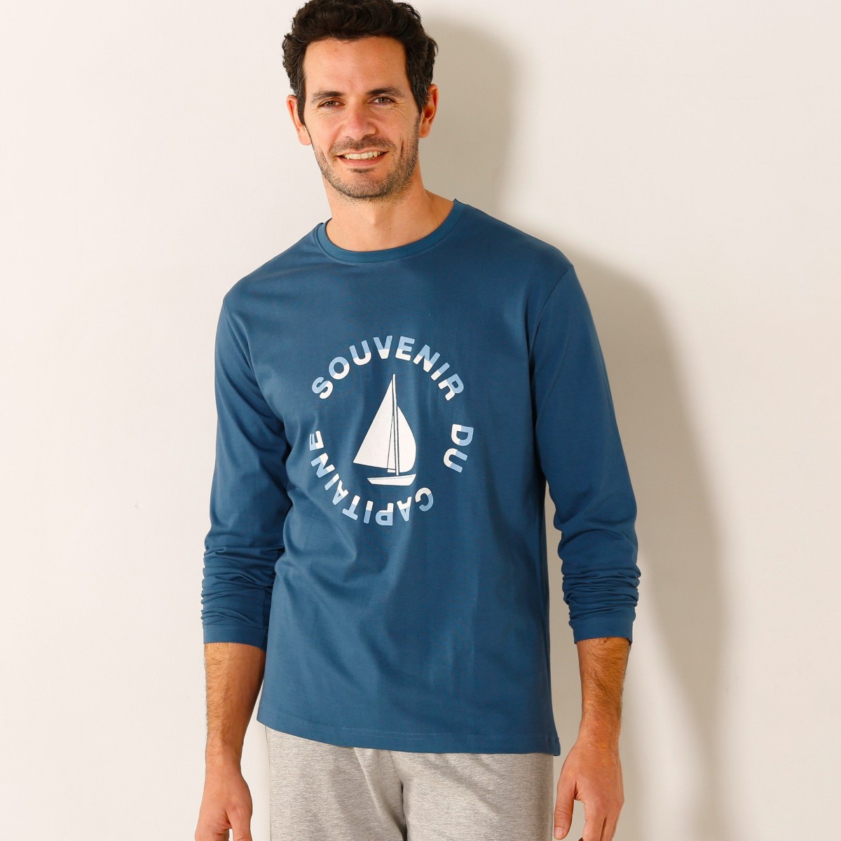 Blancheporte Pyžamové tričko s dlouhými rukávy, motiv loď modrá 7786 (S)